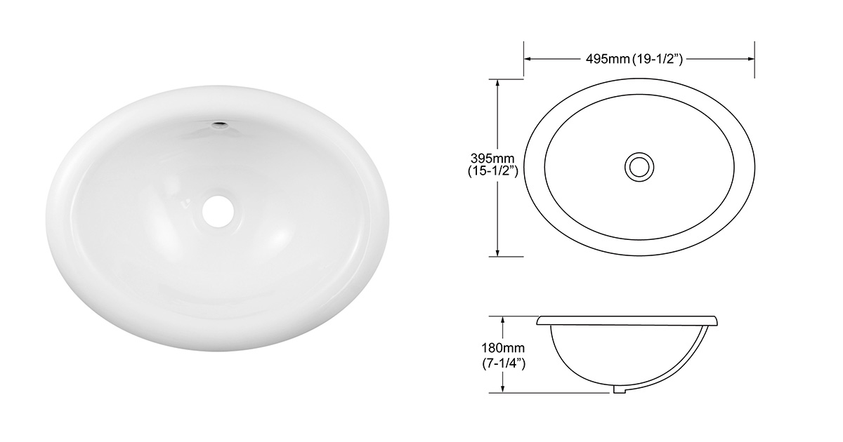 High gloss pure white oval bathroom drop in sink with overflow 19inch
